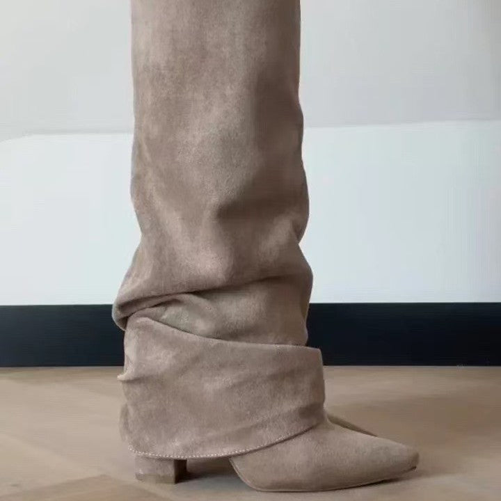 Pleated mid-calf boots with chunky high heel
