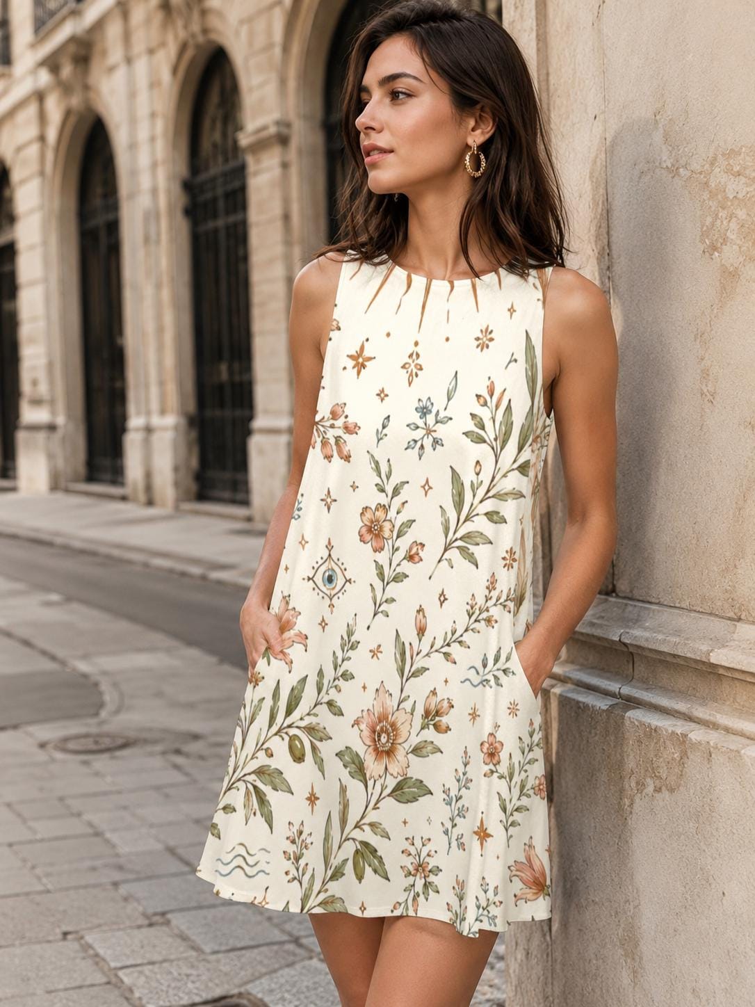 Mediterranean Evil Eye Dress | Floral Coastal A-Line Pocket Dress