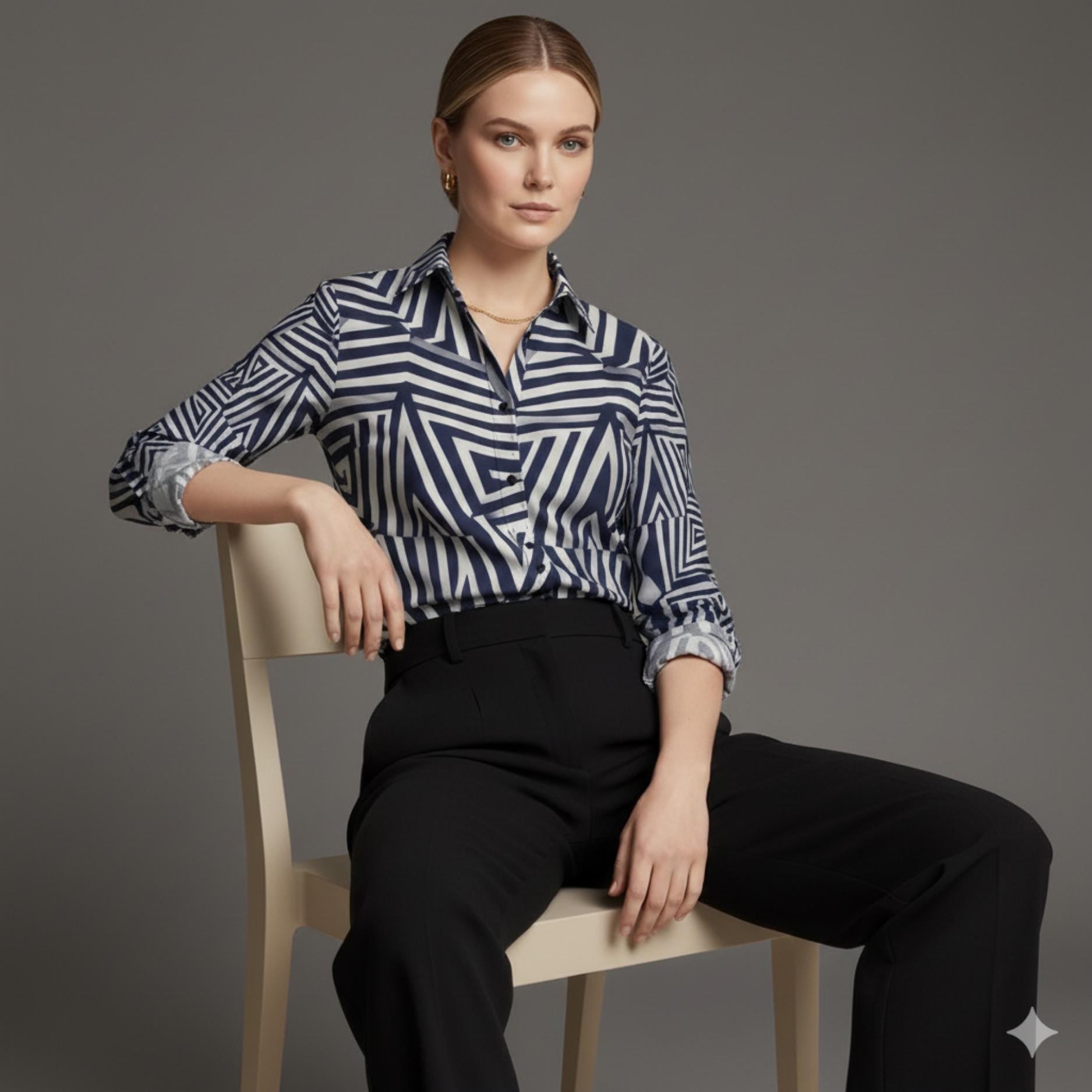 Navy Geometric Button-Down Shirt | Quiet Luxury Artwear Blouse