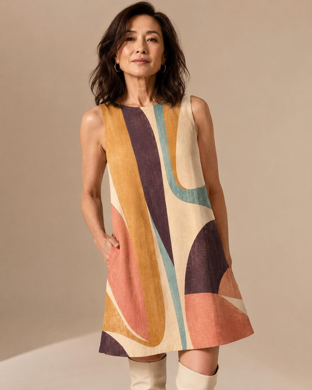 Abstract Print A-Line Mini Dress with Pockets, Retro Resort Summer Style