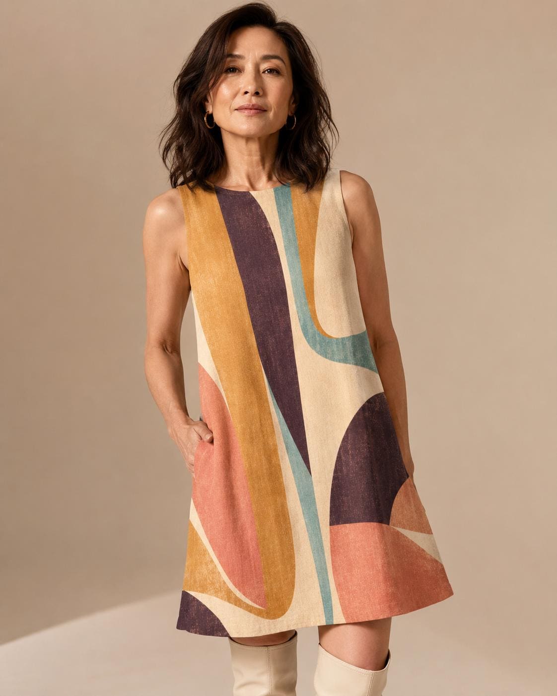 Abstract Print A-Line Mini Dress with Pockets, Retro Resort Summer Style