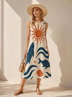 Sun Fish Cotton Midi Dress | Mediterranean A-Line Pocket Dress