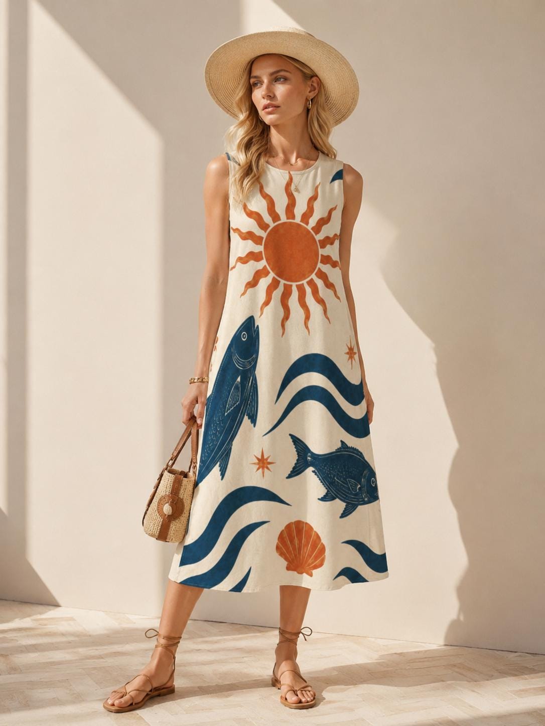 Sun Fish Cotton Midi Dress | Mediterranean A-Line Pocket Dress