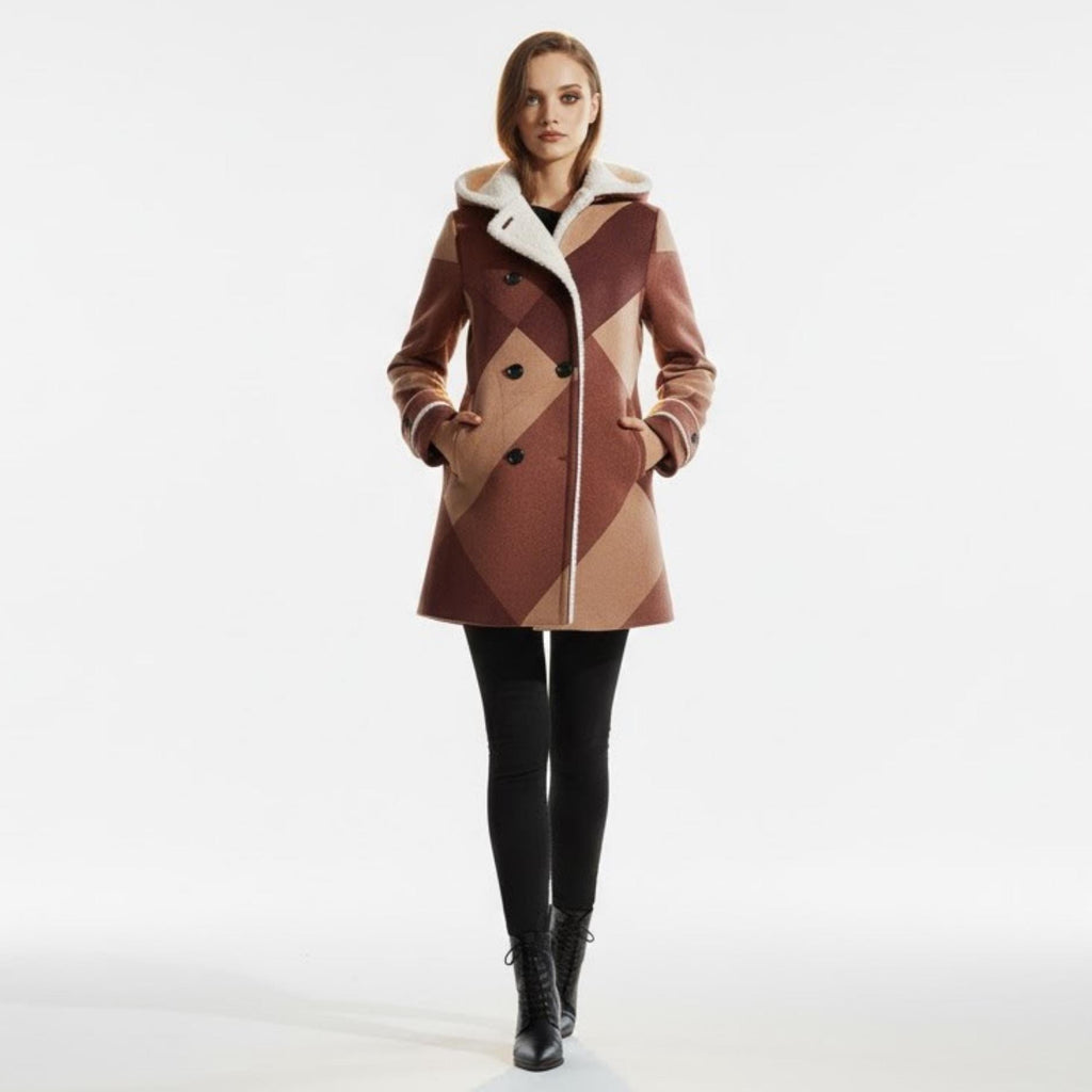 Burgundy Geometric Winter Coat | Fleece-Lined Quiet Luxury Jacket