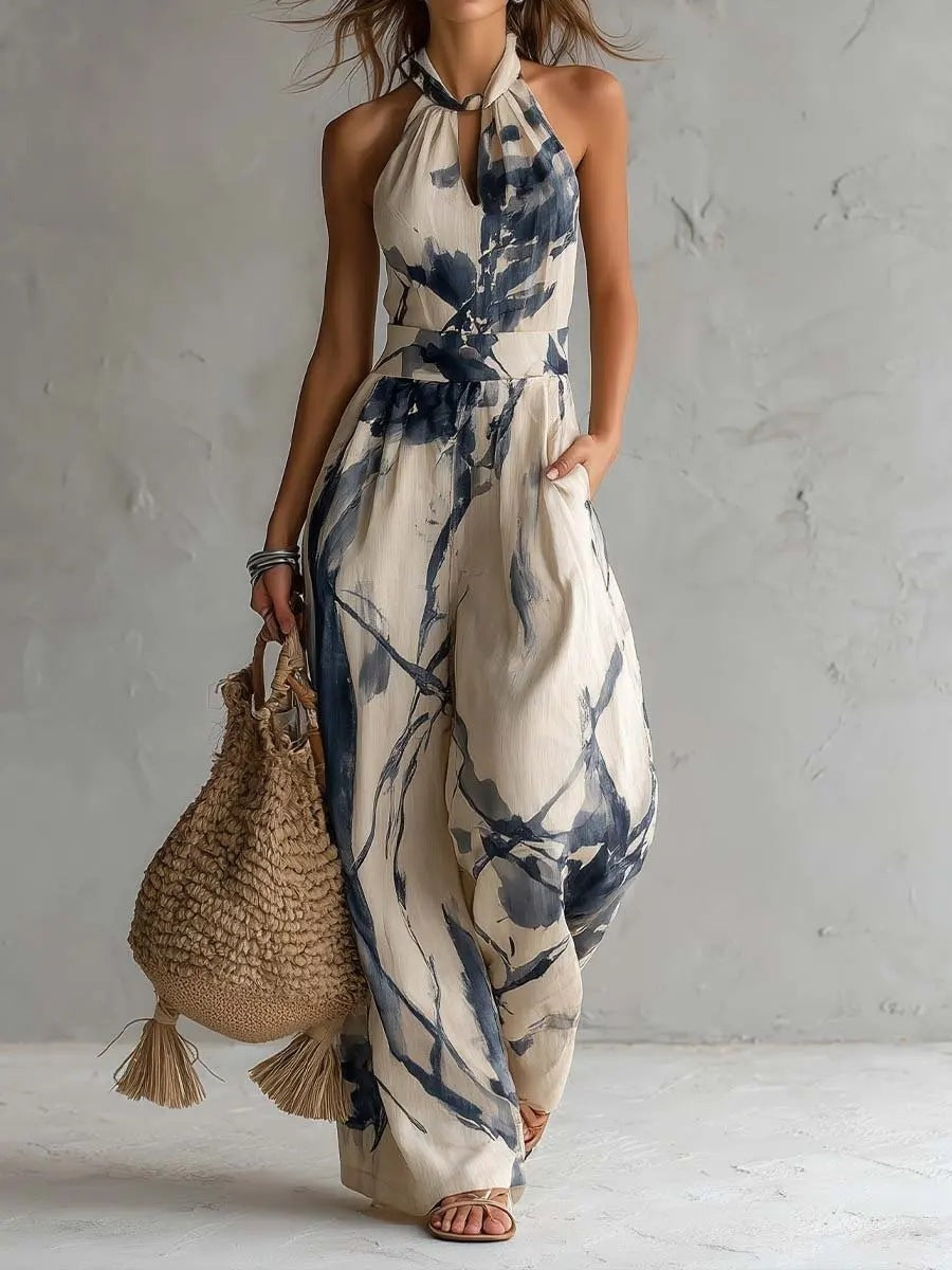 Printed Sleeveless Wide-Leg Resort Jumpsuit
