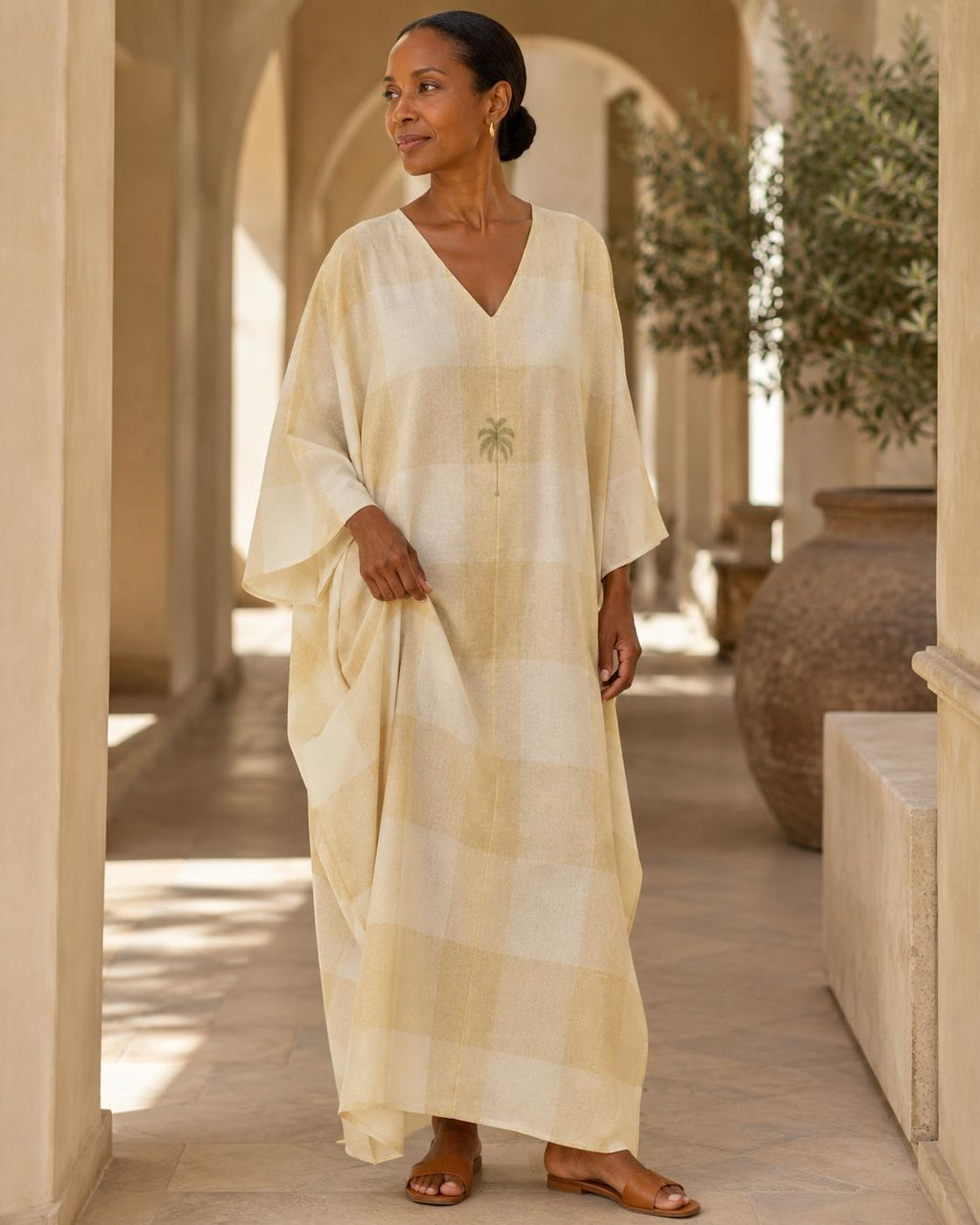 Beige Plaid Kaftan Dress | Oversized Resort Cover-Up