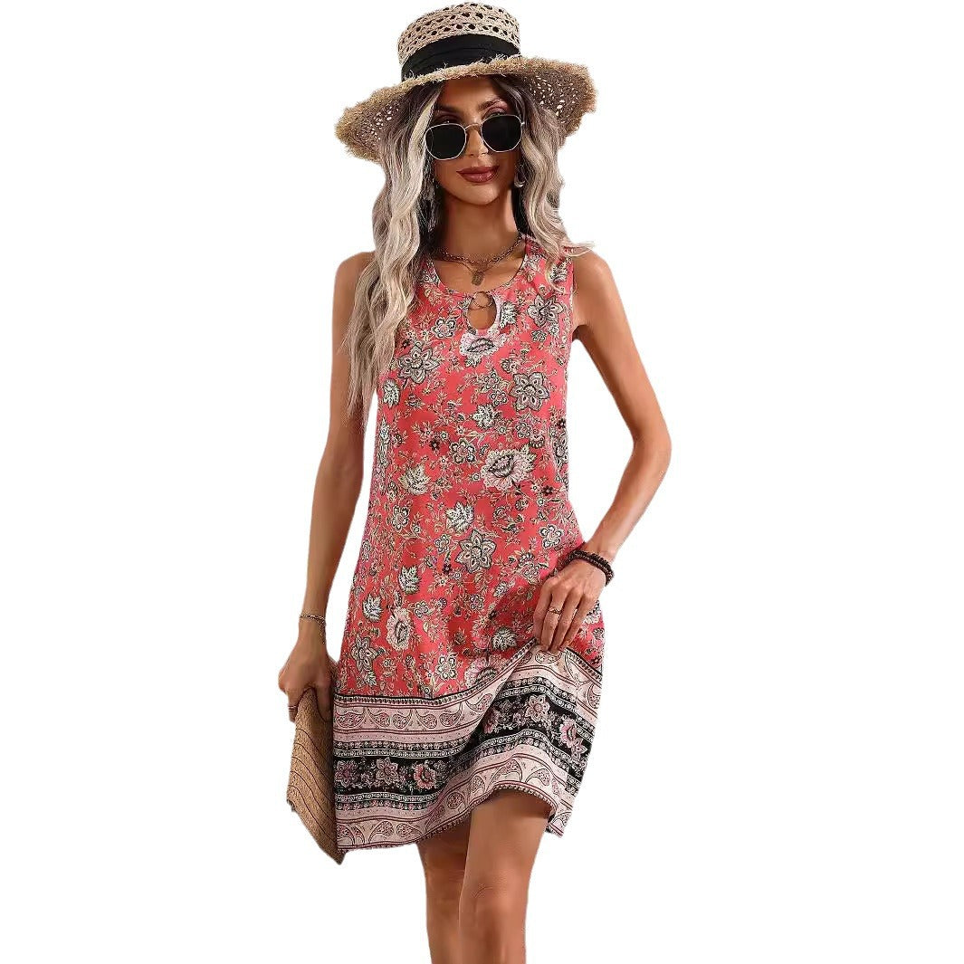 Sleeveless A-Line Mini Dress, Keyhole Ring Neck Resort Dress, Boho Paisley Floral Summer Vacation Dress