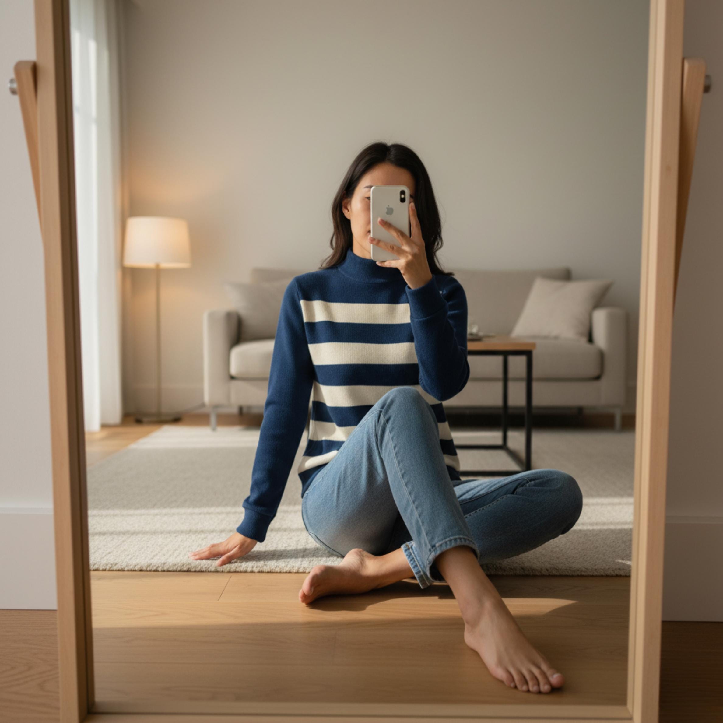 Navy Cream Striped Turtleneck Sweater | Quiet Luxury Winter Knit