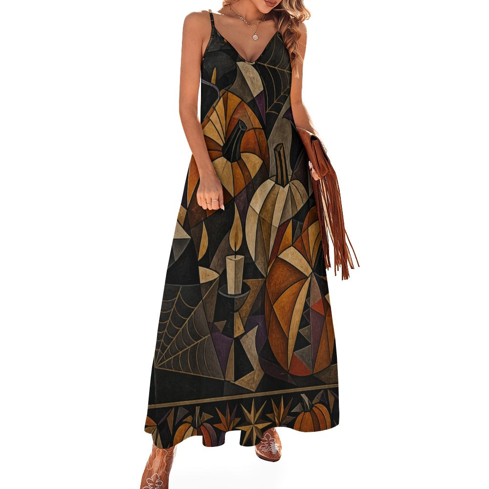 Gothic Symbolic Slip Maxi Dress | Dark Art Spaghetti Strap Dress
