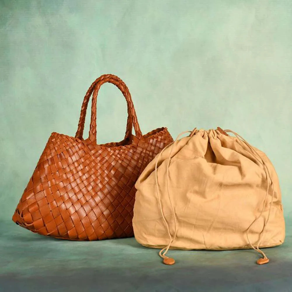 Women's woven cowhide leather tote bag in small or large size