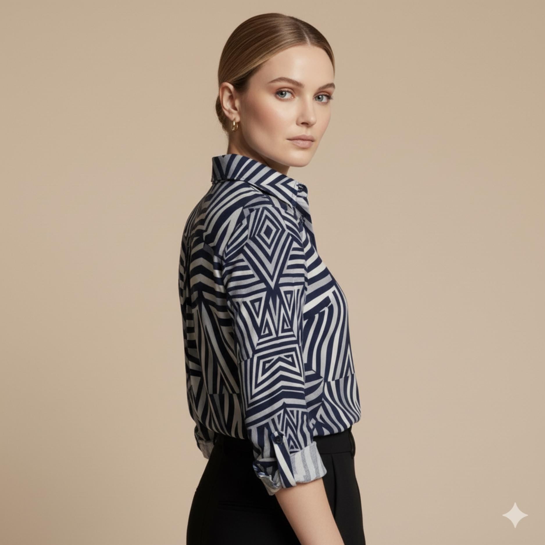 Navy Geometric Button-Down Shirt | Quiet Luxury Artwear Blouse