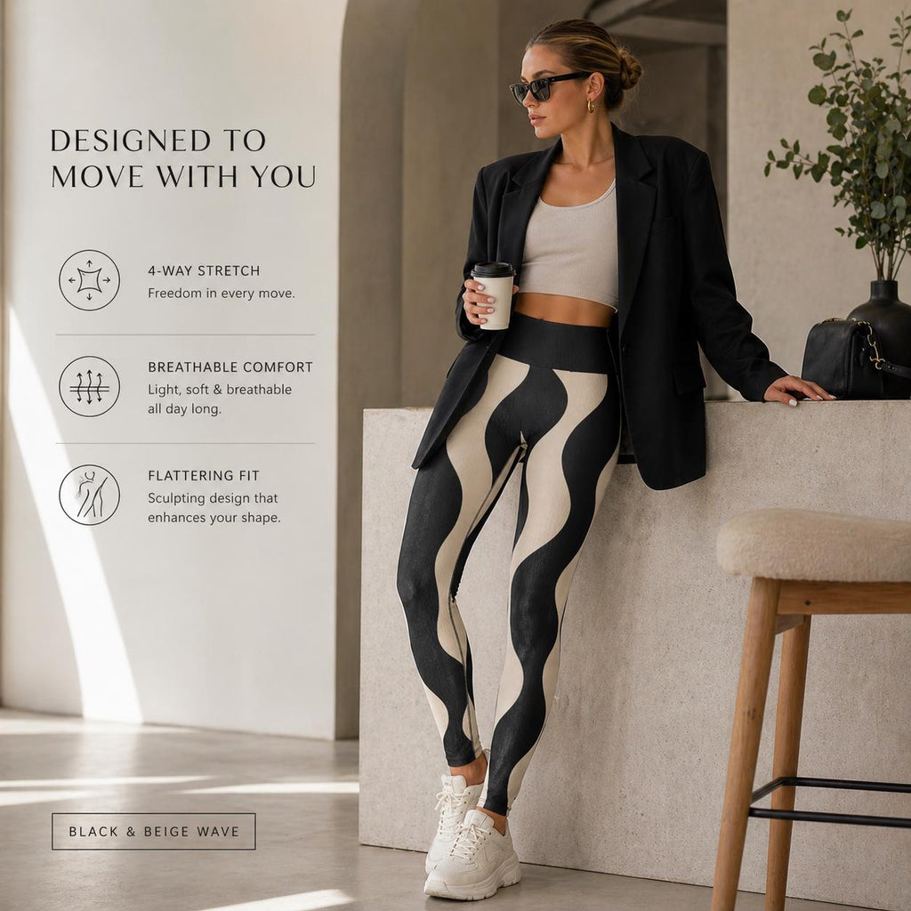 Black Beige Wave Leggings | Abstract High-Waist Yoga Pants
