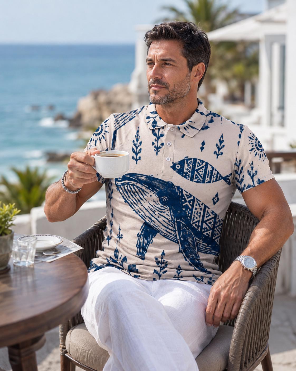Men’s Whale Print Polo Shirt | Nautical Coastal Resort Top