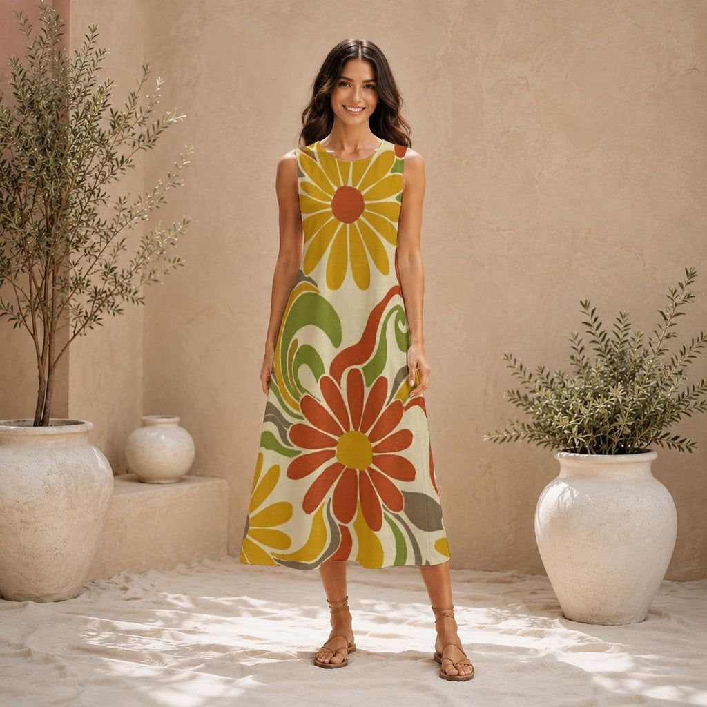 70s Daisy Cotton Midi Dress | Retro Floral A-Line Pocket Dress