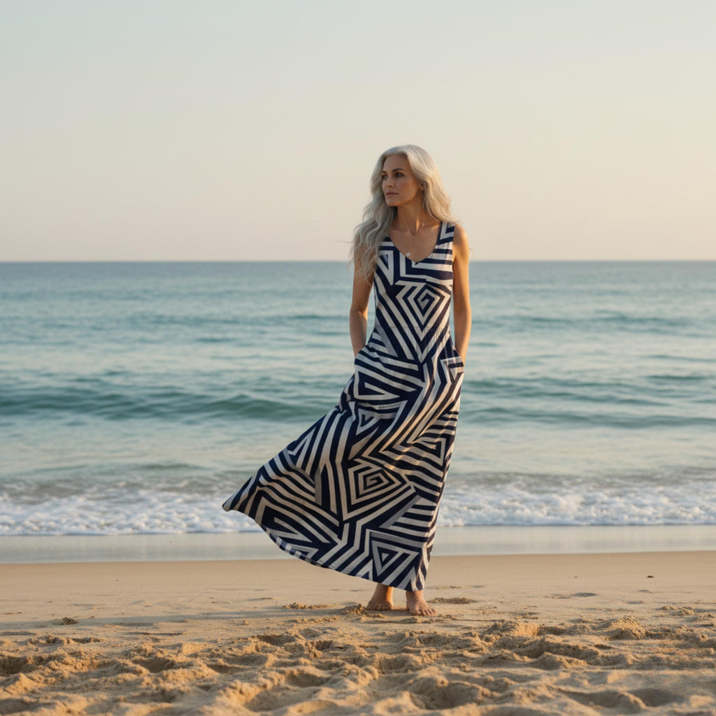 Architectural Monochrome Maxi Dress | Navy Geometric Resort Dress