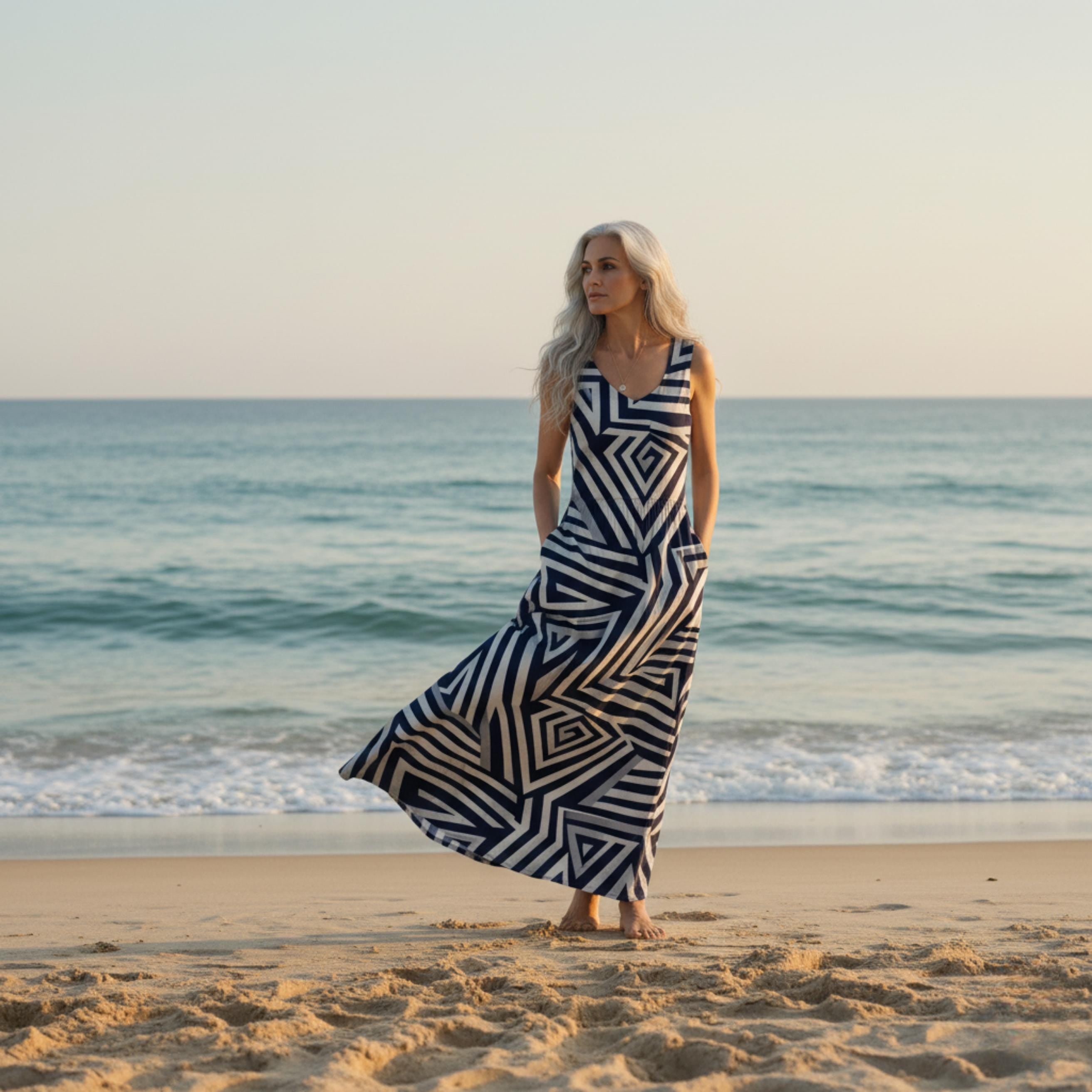 Architectural Monochrome Maxi Dress | Navy Geometric Resort Dress