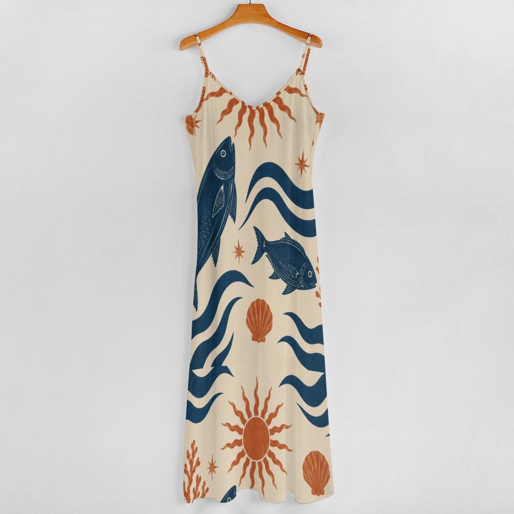 Mediterranean Fish Maxi Dress | Coastal Vacation Resort Dress