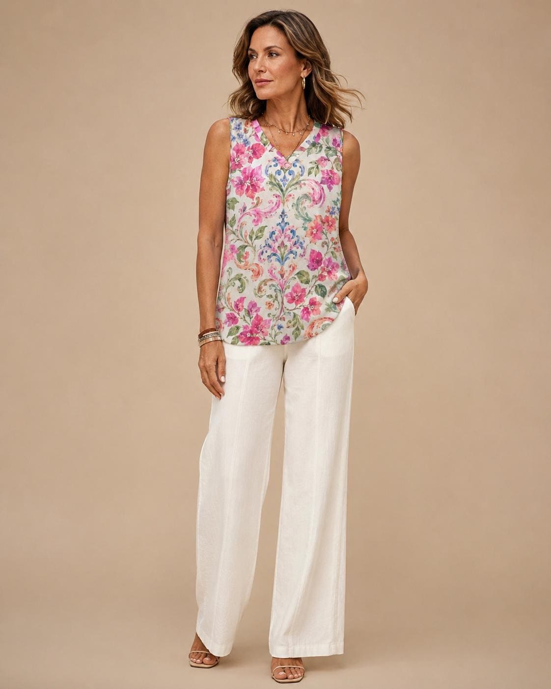Romantic Floral V-Neck Top | Cottagecore Botanical Sleeveless Blouse