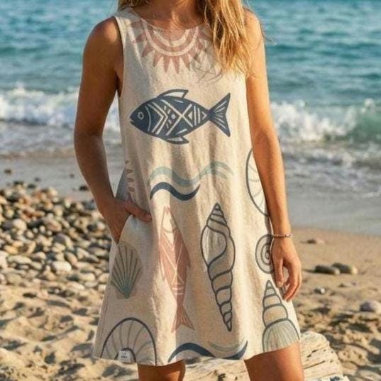Fish Print A-Line Pocket Dress | Coastal Vacation Resort Dress