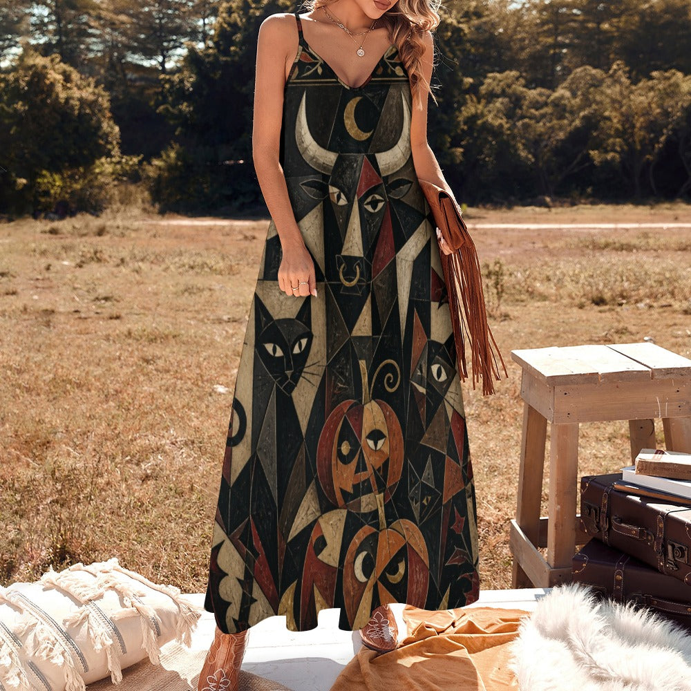 Dark Celestial Art Slip Maxi Dress | Spaghetti Strap Long Dress