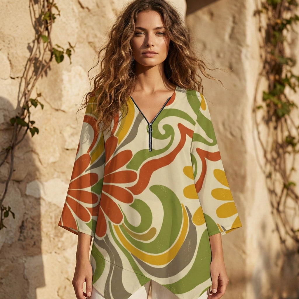 Abstract Floral V-Neck Tunic | Boho Zipper Travel Top