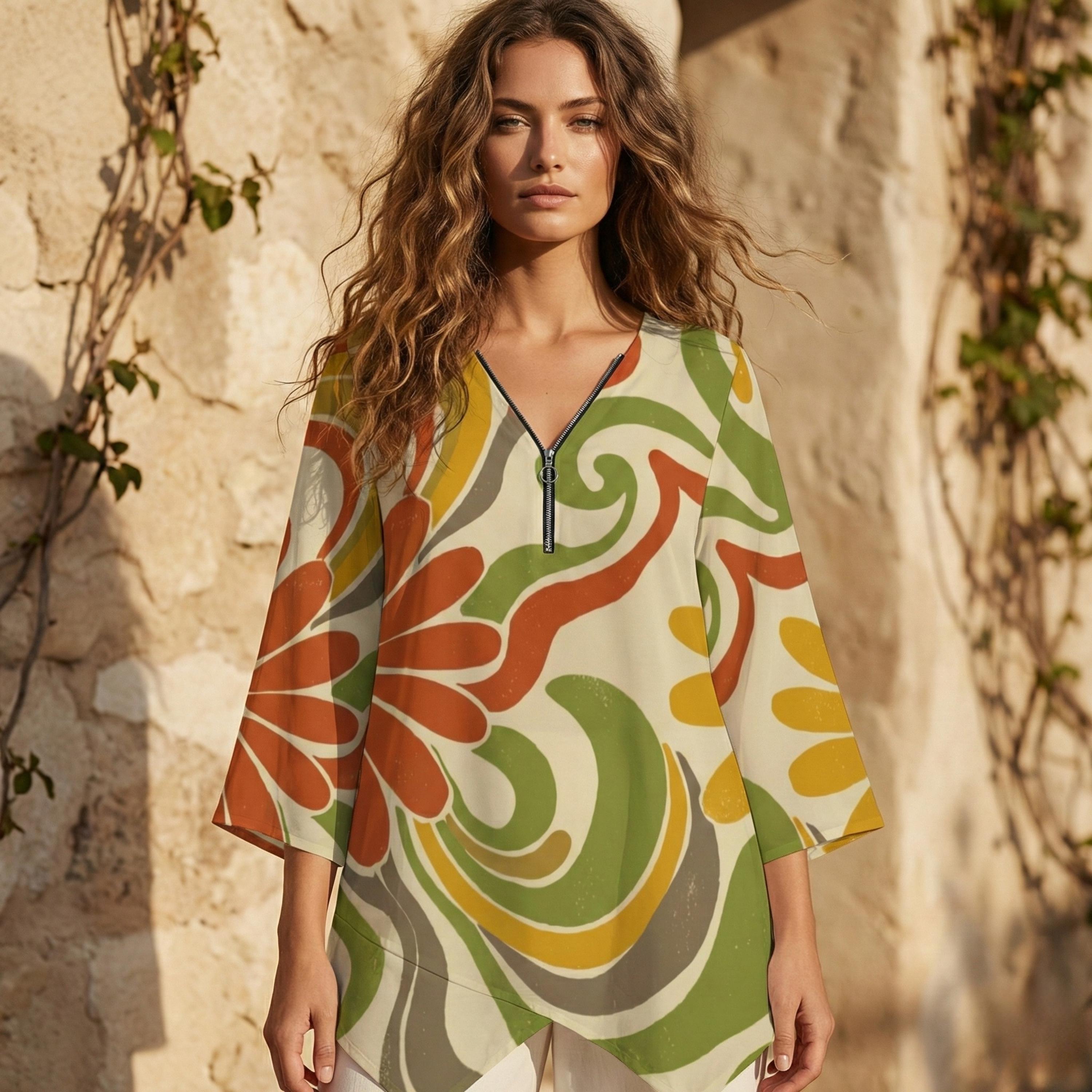 Abstract Floral V-Neck Tunic | Boho Zipper Travel Top