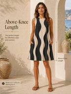 Minimalist Wave A-Line Midi Dress | Black Beige Pocket Occasion Dress