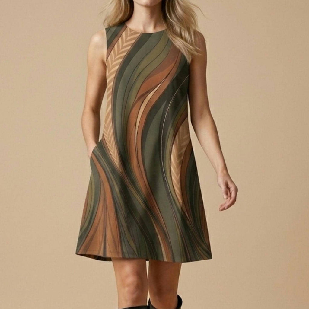 Retro Wave A-Line Midi Dress | Earth Tone Pocket Dress