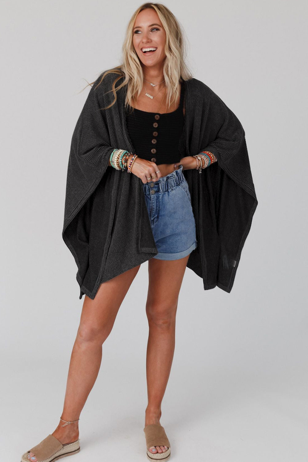 Women's ribbed stretch-blend kimono cardigan
