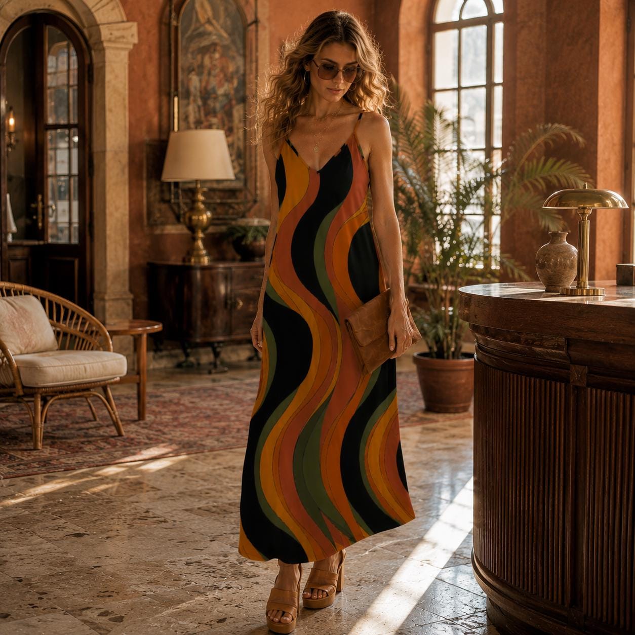 70s Retro Wave Maxi Dress | Abstract Resort Vacation Dress