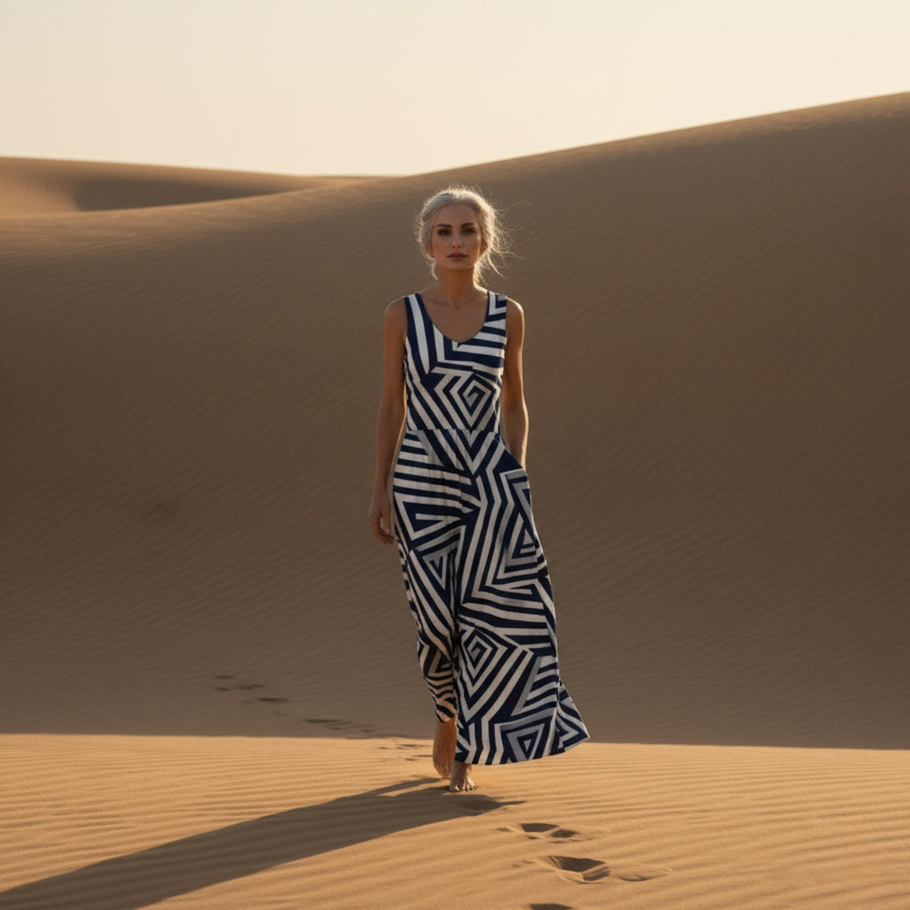 Architectural Monochrome Maxi Dress | Navy Geometric Resort Dress