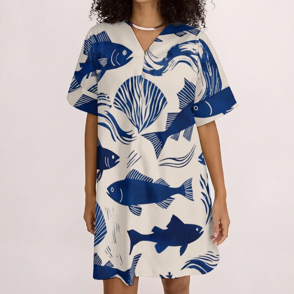 Coastal Fish Print Tunic Dress | Relaxed V-Neck Beach Dress