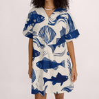 Coastal Fish Print Tunic Dress | Relaxed V-Neck Beach Dress