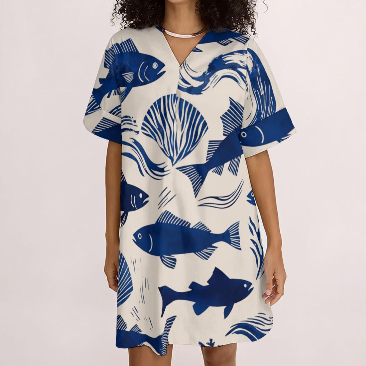 Coastal Fish Print Tunic Dress | Relaxed V-Neck Beach Dress