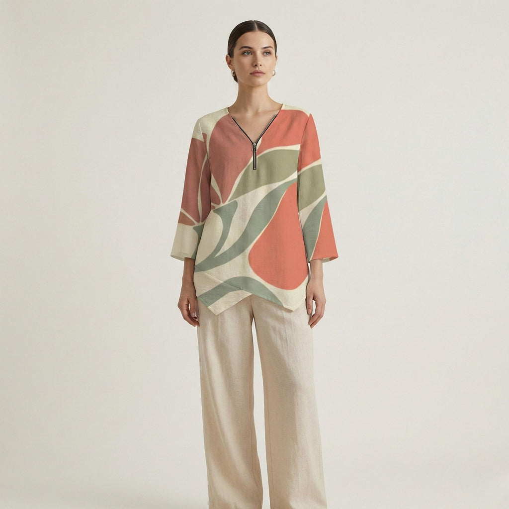 Abstract Leaf Zipper Blouse | V-Neck Linen-Look Tunic