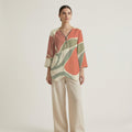 Abstract Leaf Zipper Blouse | V-Neck Linen-Look Tunic