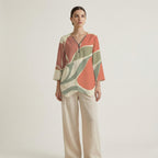 Abstract Leaf Zipper Blouse | V-Neck Linen-Look Tunic