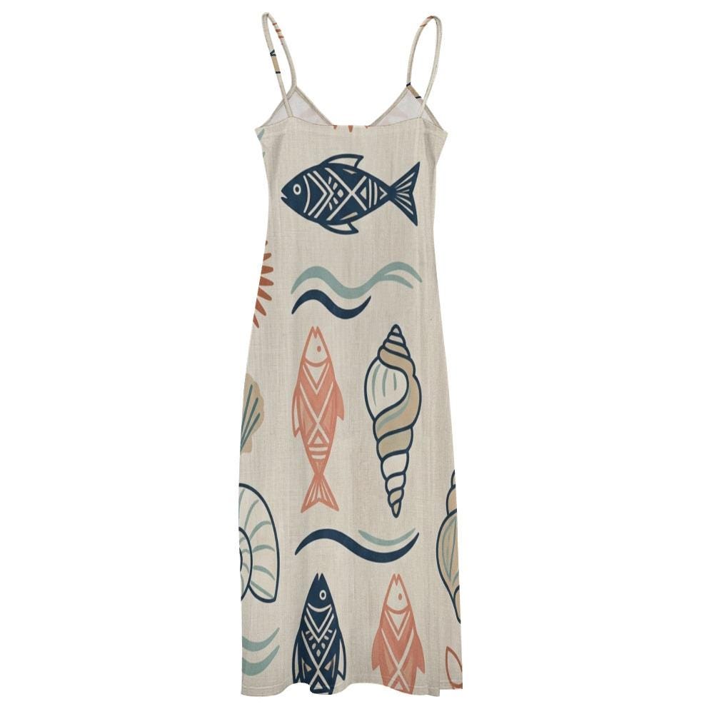 Mediterranean Fish Shell Maxi Dress | Sleeveless Coastal Resort Dress