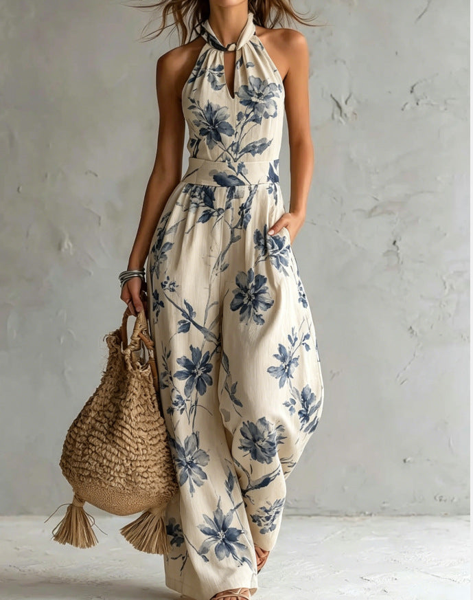 Printed Sleeveless Wide-Leg Resort Jumpsuit