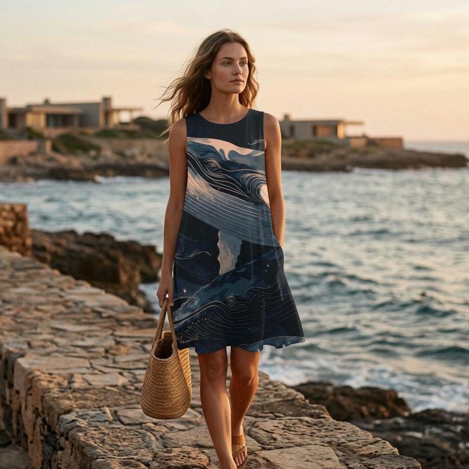 Whale Art A-Line Dress | Coastal Sleeveless Pocket Dress