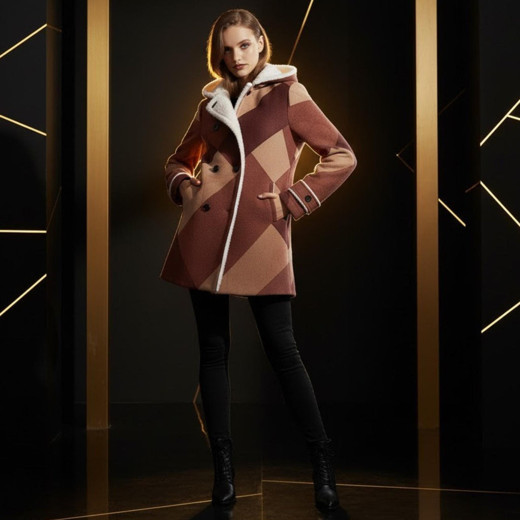 Burgundy Geometric Winter Coat | Fleece-Lined Quiet Luxury Jacket