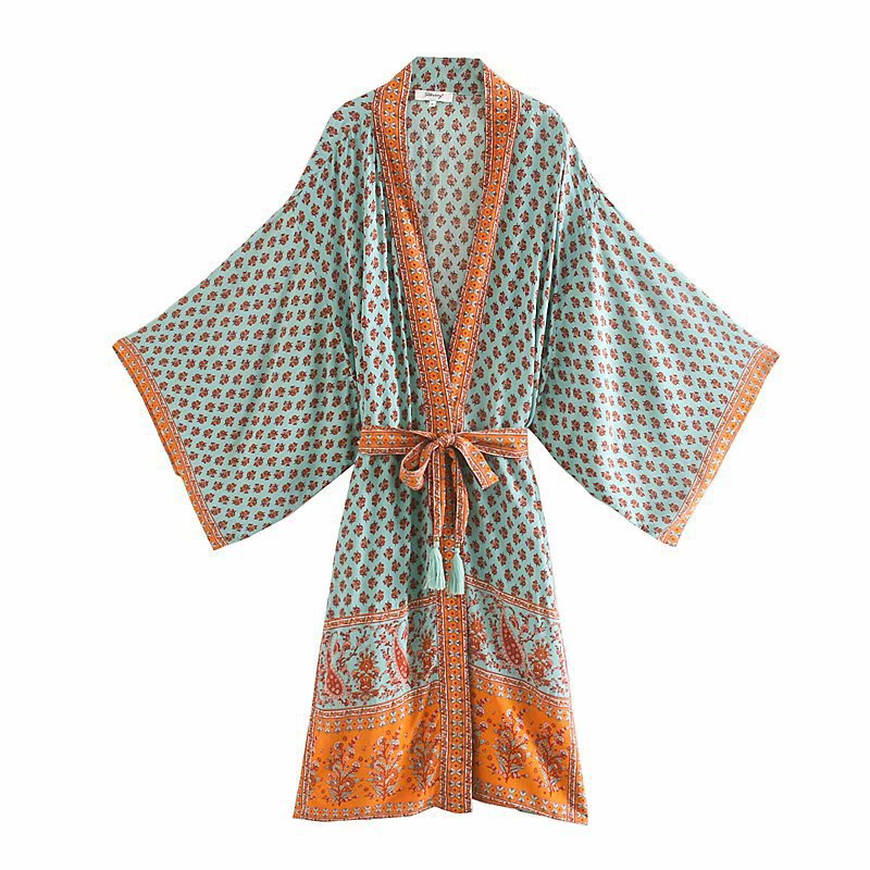 Women's paisley print belted long kimono in pink or green