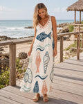 Mediterranean Fish Shell Maxi Dress | Sleeveless Coastal Resort Dress