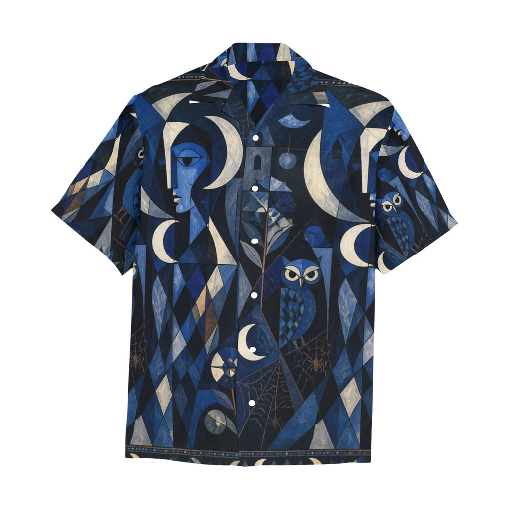 Men’s Celestial Moon Hawaiian Shirt | Navy Owl Camp Collar