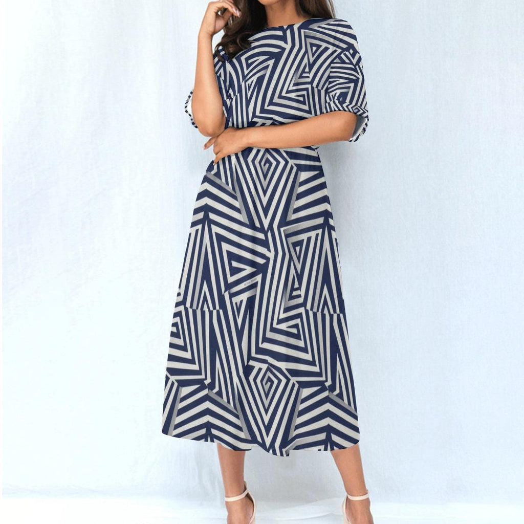 Navy Geometric Midi Dress | Modern Art A-Line Statement Dress