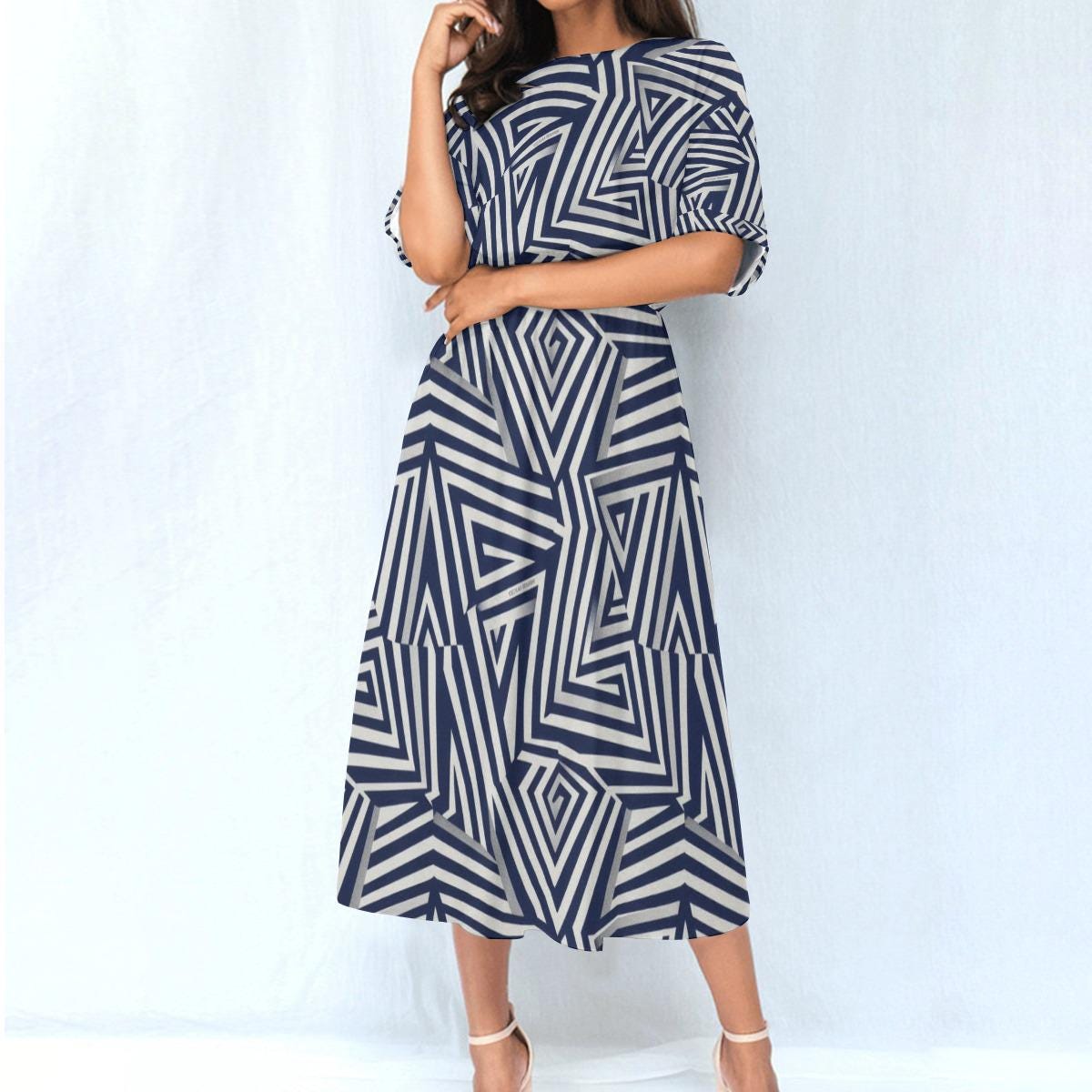 Navy Geometric Midi Dress | Modern Art A-Line Statement Dress