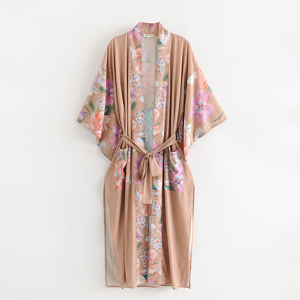 Women's brown peacock floral long kimono robe with matching belt