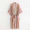 Women's brown peacock floral long kimono robe with matching belt