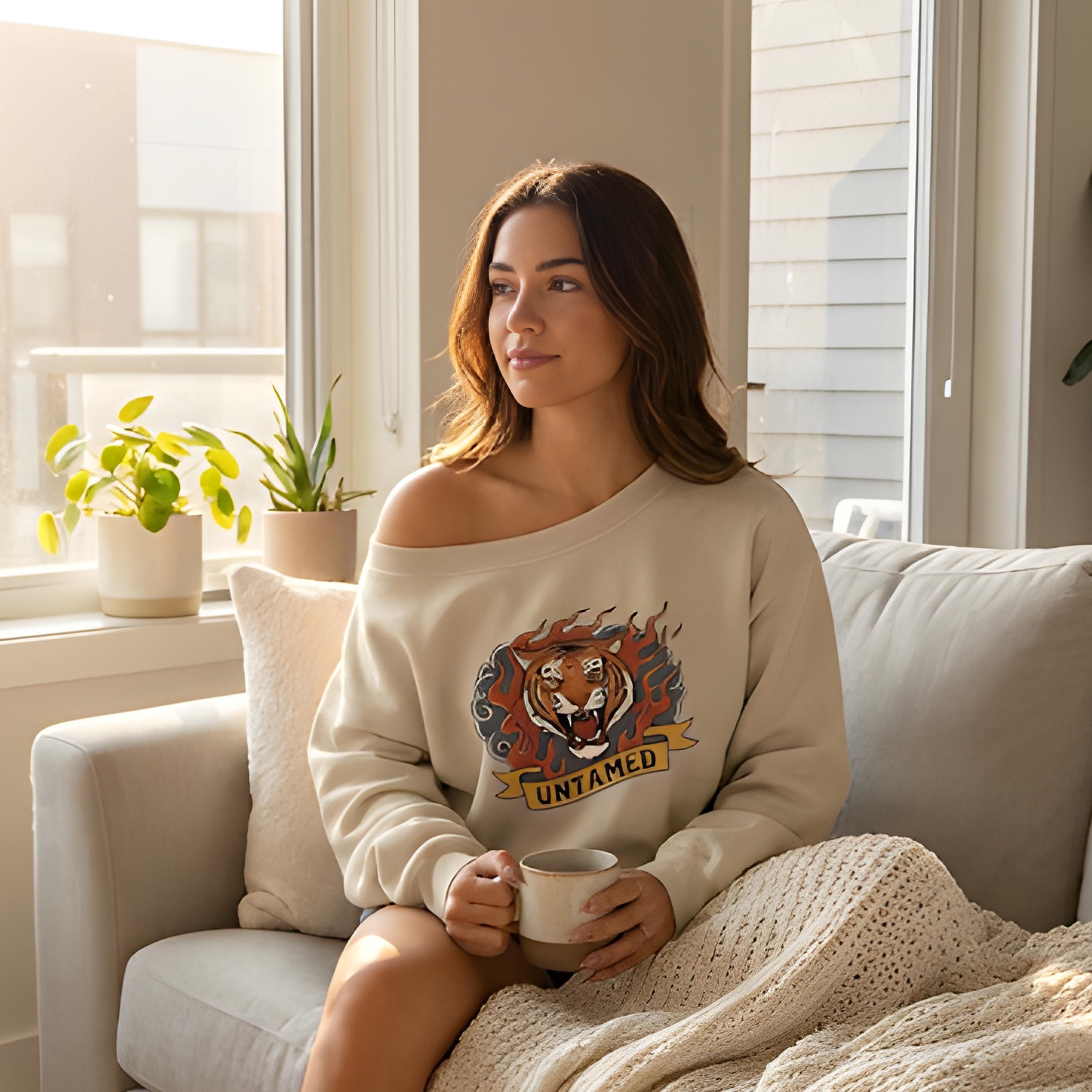 Born Wild Tiger Off-Shoulder Sweatshirt | Relaxed Graphic Top