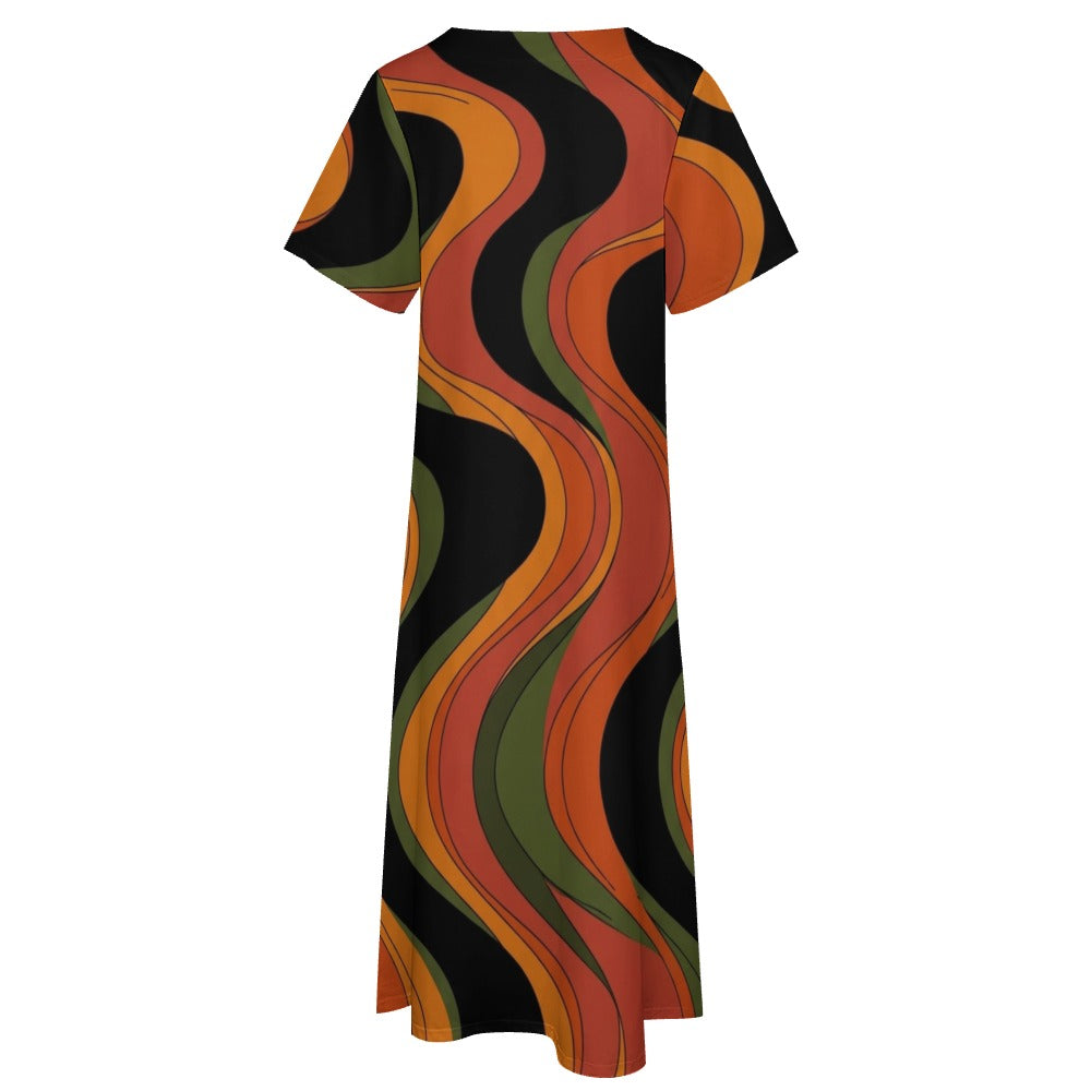 Groovy 70s Maxi Dress, Retro Wave V Neck Dress, Short Sleeve Statement Outfit